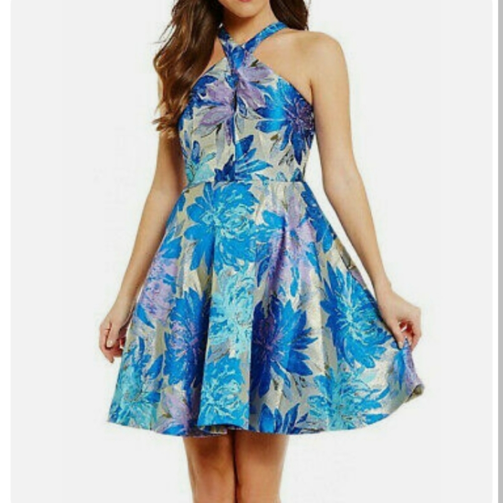 Badgley Mischka blue floral metallic X-Neck fit & flare party dress Size 2